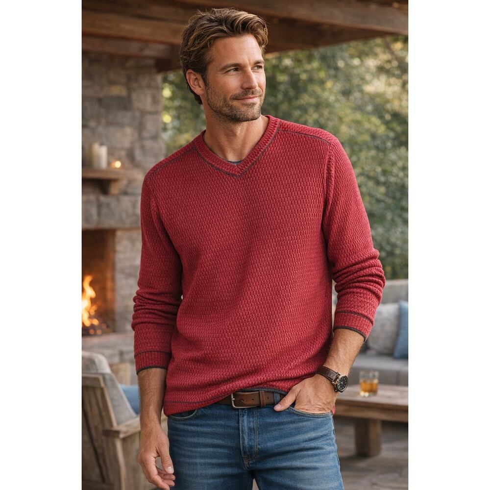 Carbon2Cobalt Men's Long Sleeve V-Neck Sweater Cotton Textured Waffle Pullover M